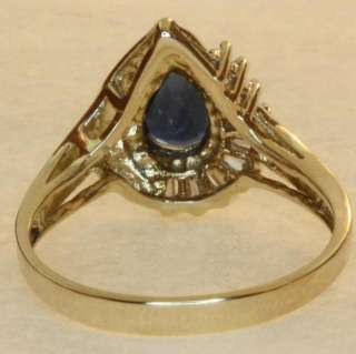 14K YELLOW GOLD SAPPHIRE DIAMOND RING CENTER PEAR BLUE SAPPHIRE 7 X 