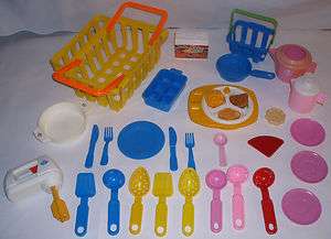   34 Vintage Fisher Price Pretend Play Food Kitchen Dishes Toys   GUC