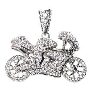   Silver Tone Iced Out White Crystal Motorcycle Charm Pendant Jewelry