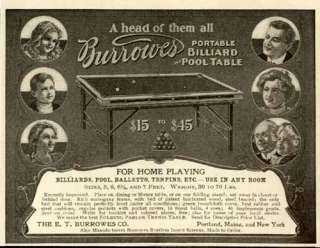 RARE 1902 PORTLAND, MAINE AD FOR BURROWES POOL TABLES  