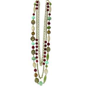   Multi Strand Red, Green & Teal Beads 36in Necklace 1928 Jewelry
