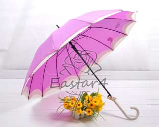 New Sweet Plain Color w/Polka Dots Trim Rain/Sun Stick Umbrella  