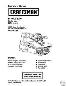 Craftsman Scroll Saw Manual Model # 137.216200  