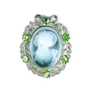   Green Austrian Rhinestone Lady Cameo Silver Tone Brooch Pin Jewelry
