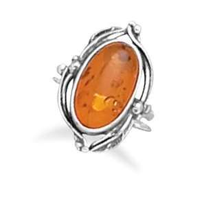  Sterling Silver Amber Ring with Leaf Design   Size 9 West 
