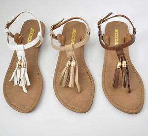 Soda Jayma s T Strap Tassel Thong Slingback Sandals  