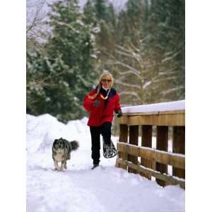  A Woman with Her Canine Companion by Her Side, is Snowshoeing 