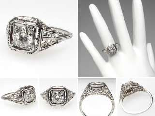   Diamond Filigree Antique Art Deco Engagement Ring Solid 18K White Gold