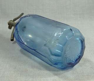 ANTIQUE BLUE GLASS SODA SIPHON SYPHON SELTZER 12 SIDED BOTTLE PEWTER 