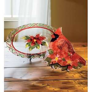  Table Top Metal Cardinal and Poinsettia Plate Stand 