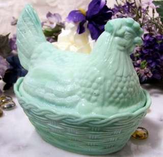   Green Glass Hen On Nest Dish Chicken on Basket Candy Trinket  