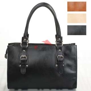 Black Womens Dual Zipper Tote Handbag PU Leather Shoulder Bag W 